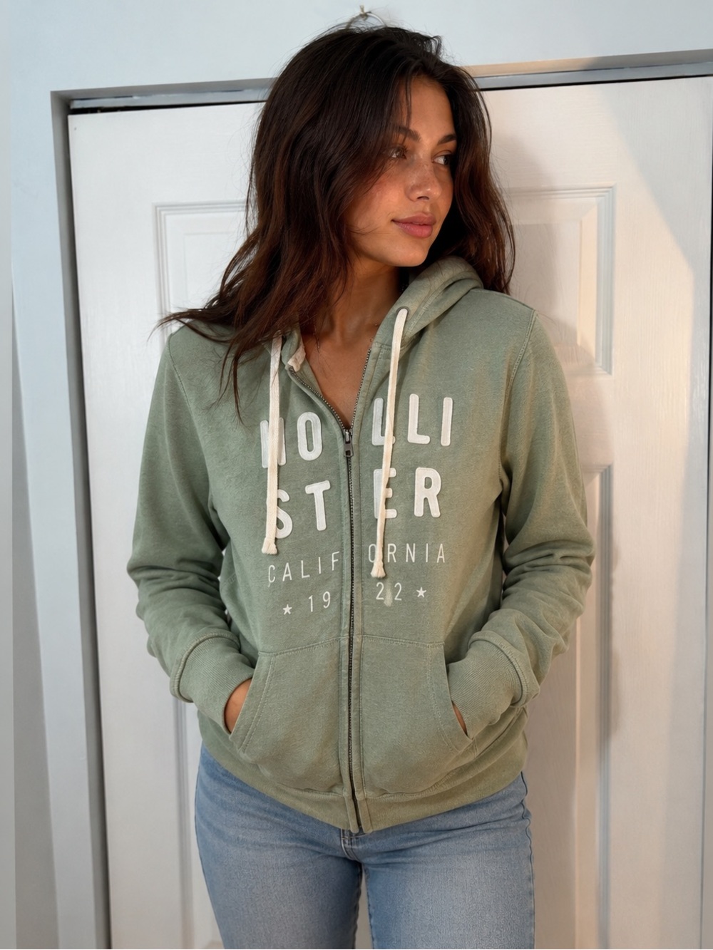 Hollister Sage Green Full Zip Hoodie California Logo XS